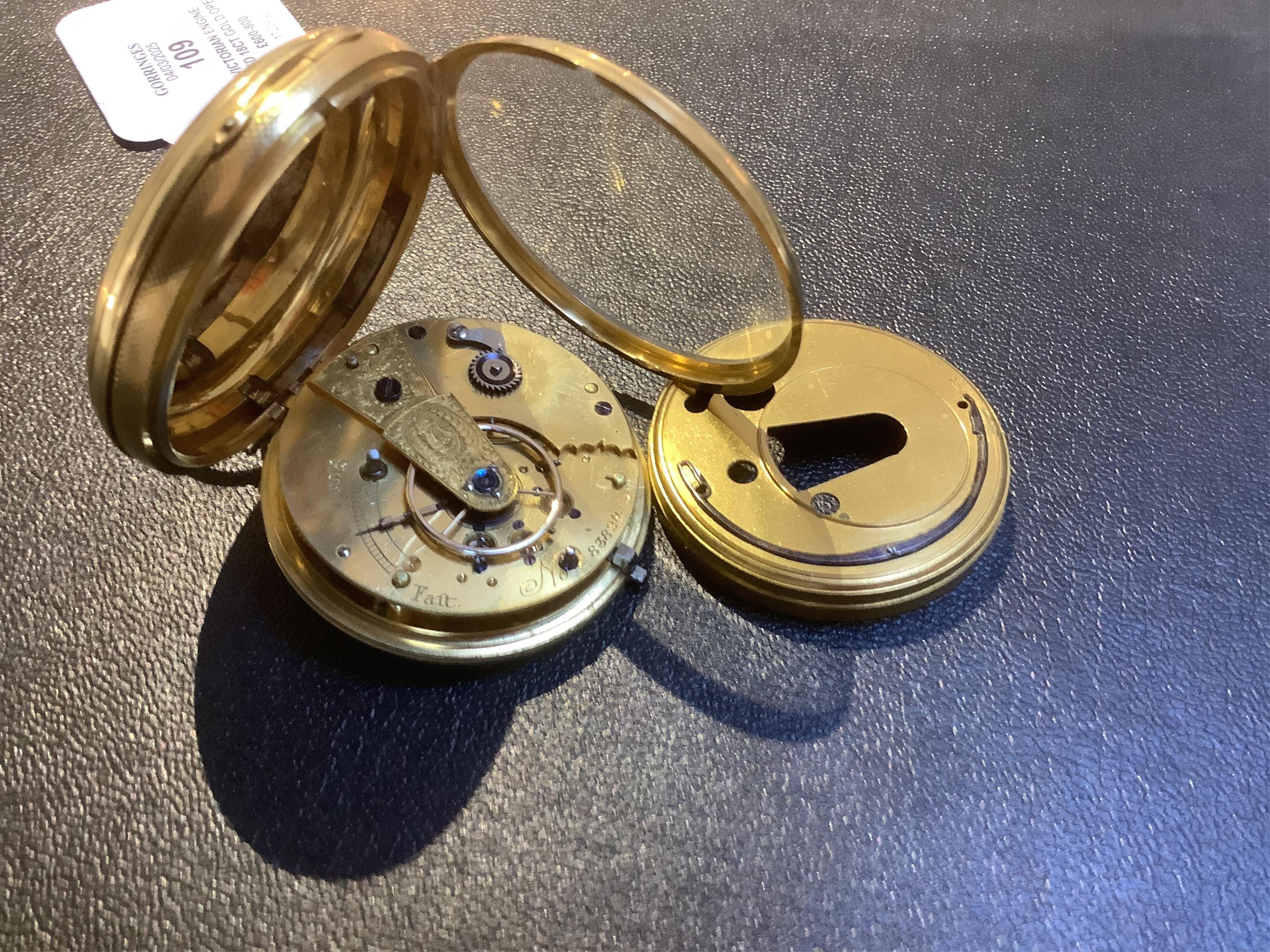 A Victorian engine turned 18ct gold open faced key wind pocket watch